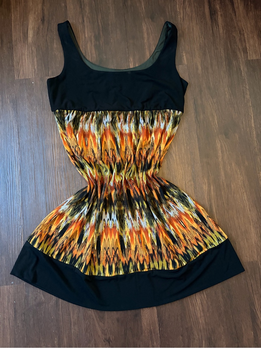 Ronni Nicole Black Tank Dress with Orange and Yellow Ikat Print